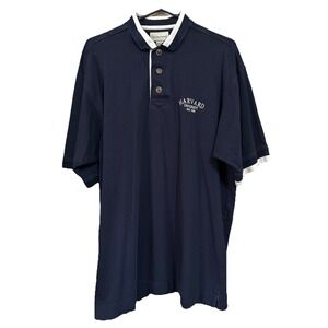 VTG Cutter & Buck HARVARD University Golf Polo White & Blue Knit Contrast Collar
